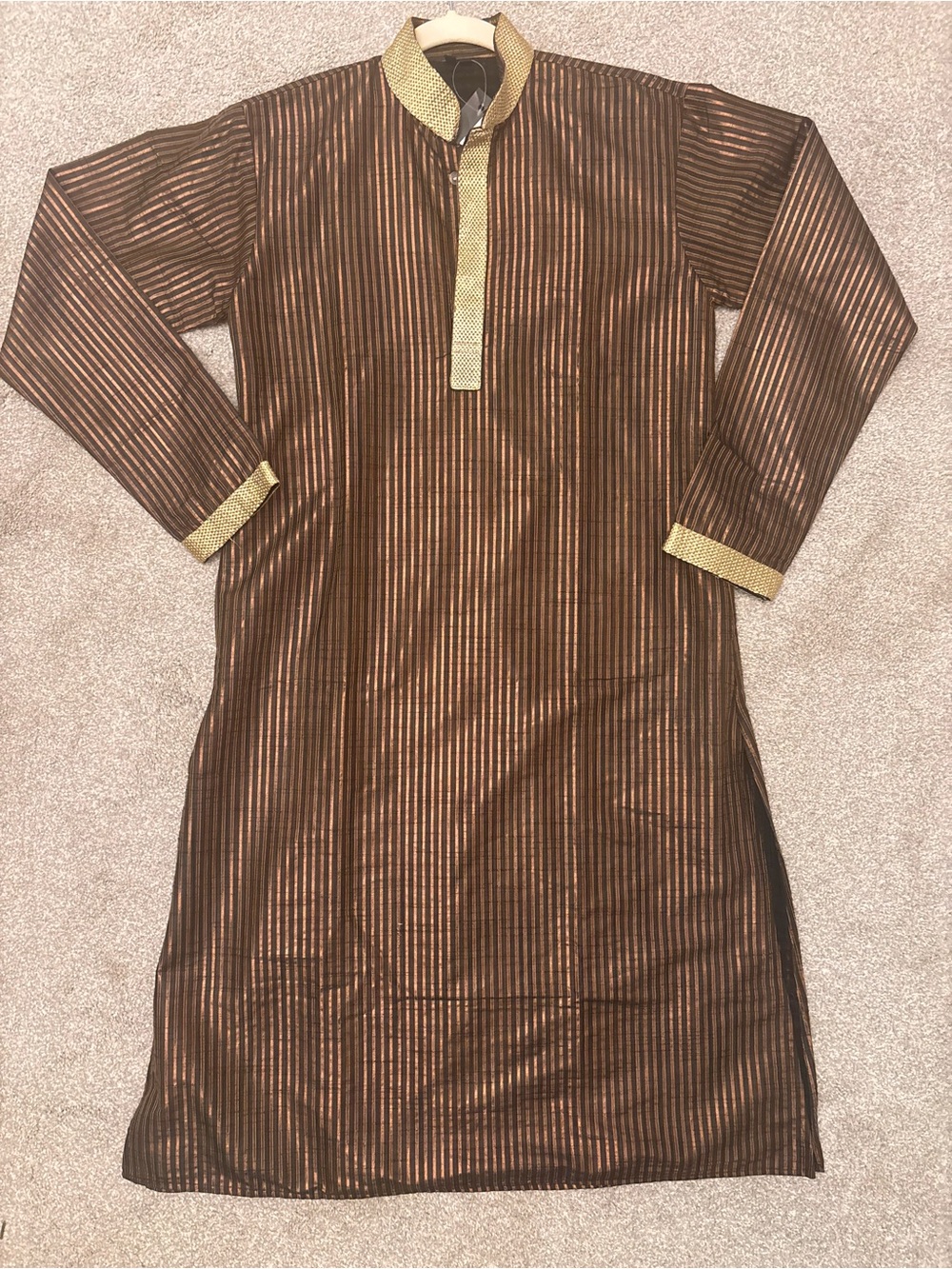 Boys Brown Metallic Stripe Kurta with Gold Trim, NWT, size 14